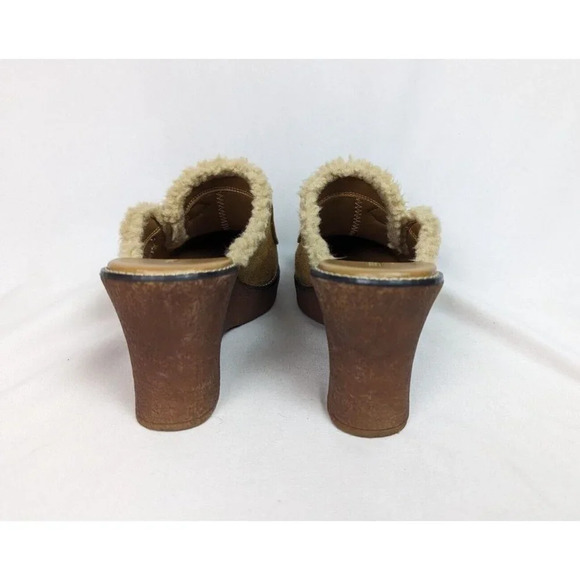 Vintage Y2K 90s Lower East Side 11 Tan Suede Wedge Mule Clog Sherpa Trim Chunky - Picture 7 of 11